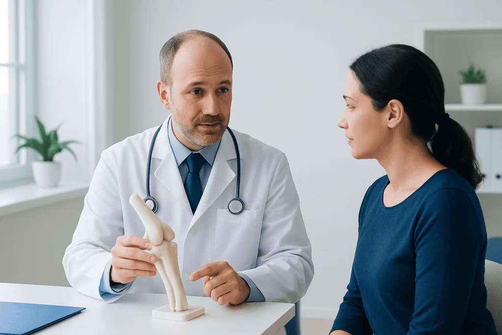 Orthopedic doctor explaining knee joint model to patient in clinic.