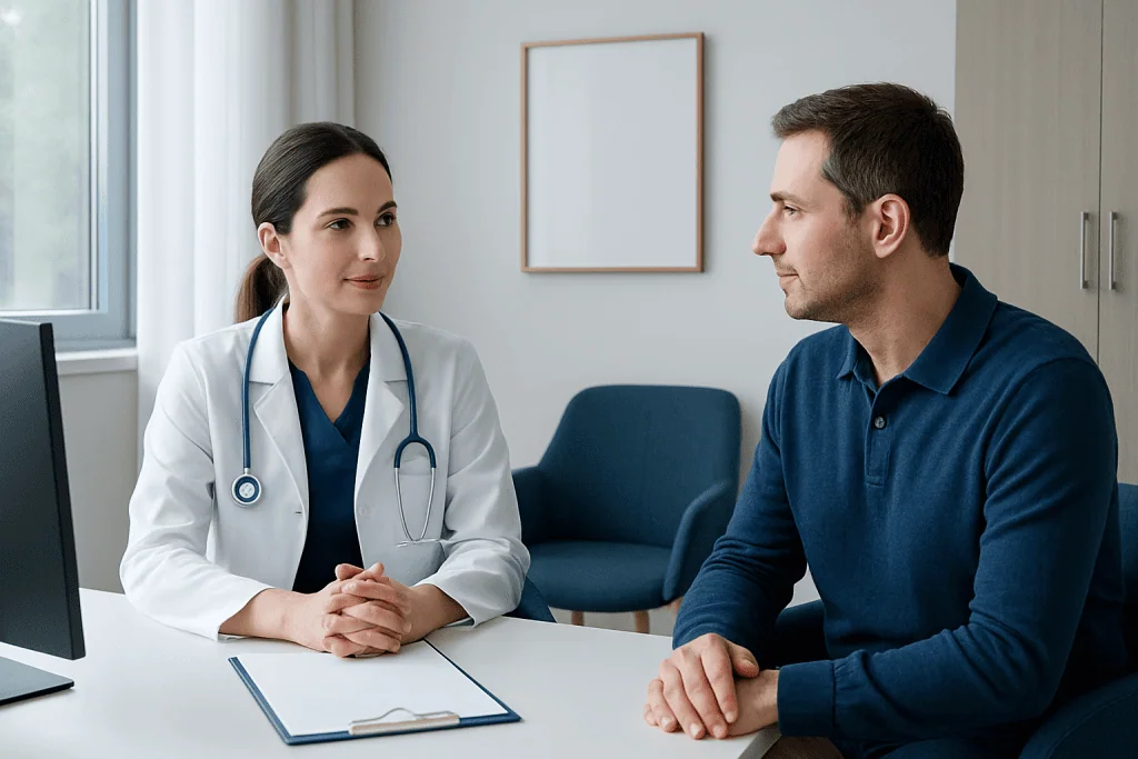 Doctor consulting with patient in a modern clinic setting.