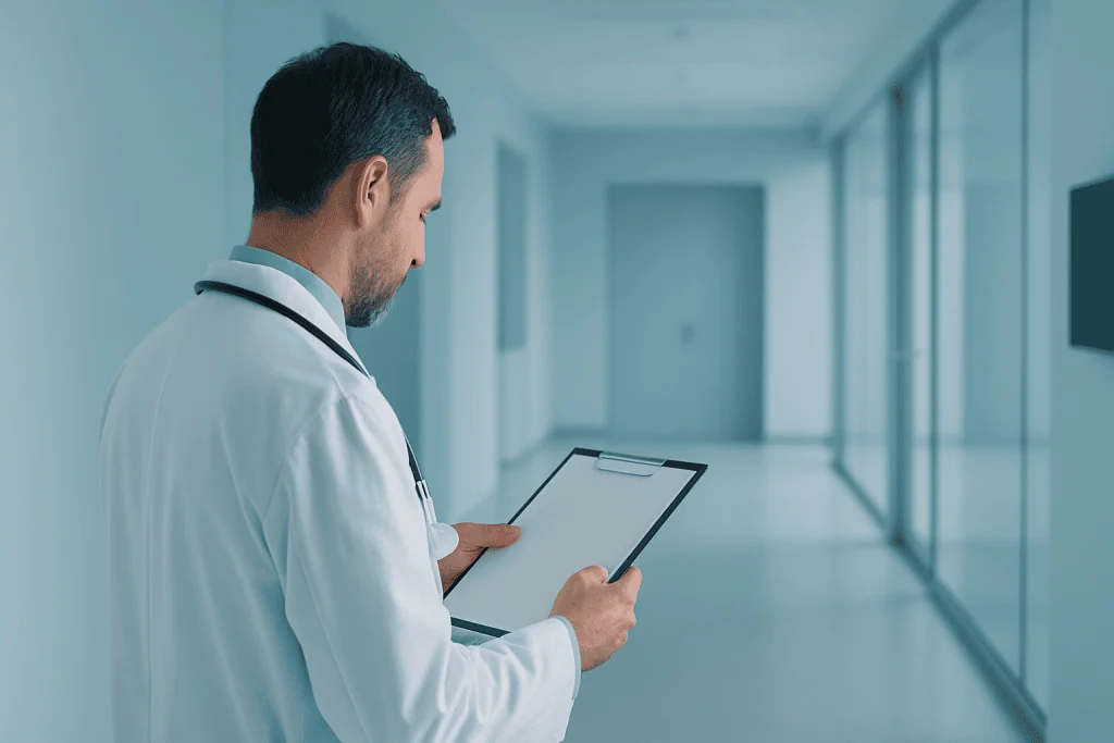 How Patient Centered Care Improves Living Donor Transplant with Multidisciplinary Teams 1 Doctor reviewing patient data on a tablet in hospital corridor.