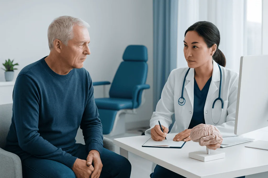 Doctor consulting with elderly patient in a medical office setting.