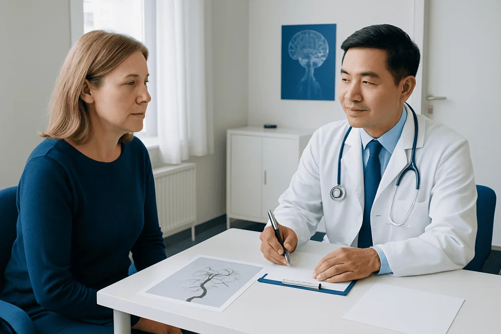 Doctor explaining cerebral angiography to a patient in a consultation room.