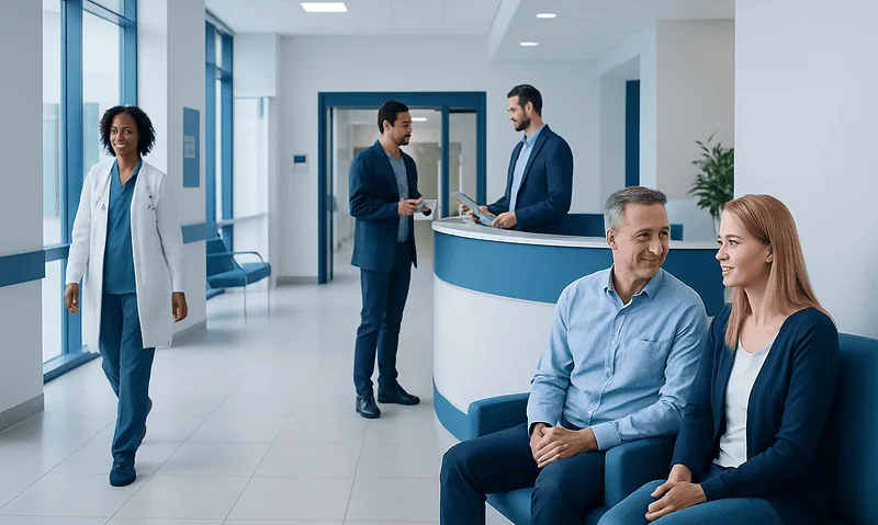 Patients and staff in a modern hospital reception area.