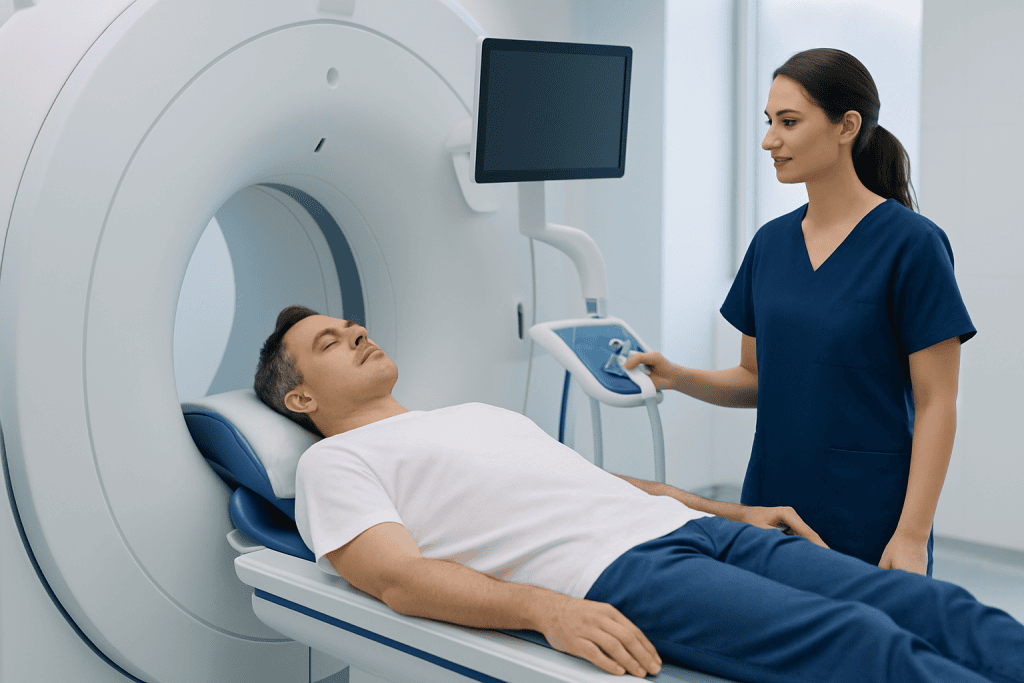 Patient undergoing PET-MRI scan at Acibadem Hospital for advanced diagnostics.
