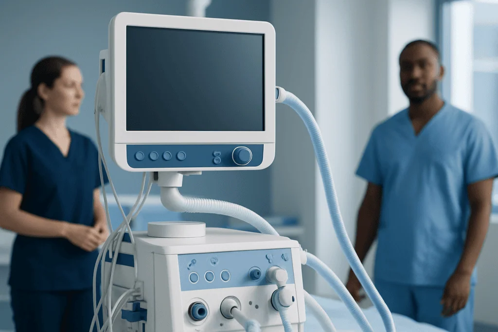Medical ventilator machine in a hospital setting with healthcare professionals.