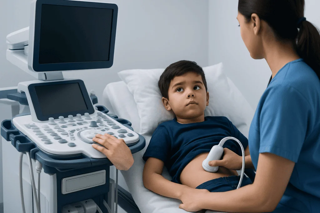 Child undergoing ultrasound examination in a hospital setting.