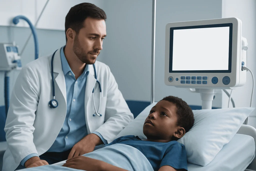 Doctor consulting with a young patient in a hospital room.