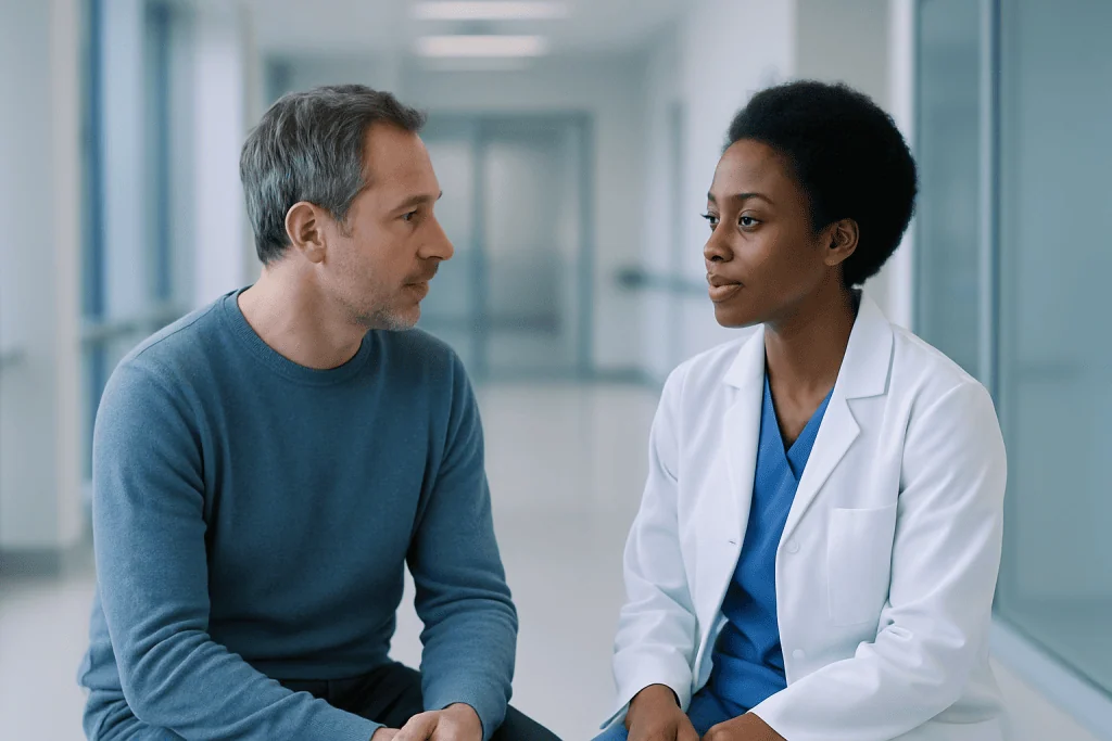 How Precision Medicine Improved Orthopedic Rehabilitation with Personalized Care 1 Doctor consulting with patient in a modern hospital corridor.