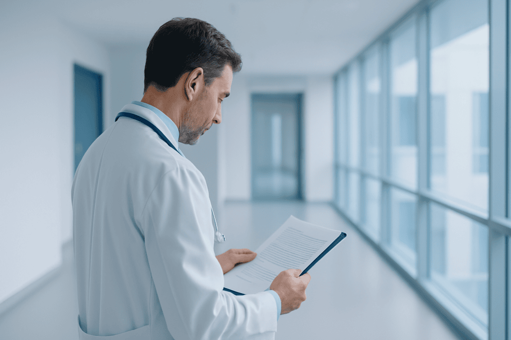 How Precision Medicine Improved Sciatica Treatment with Safer Recovery Support 1 Doctor reviewing medical notes in a modern hospital corridor.