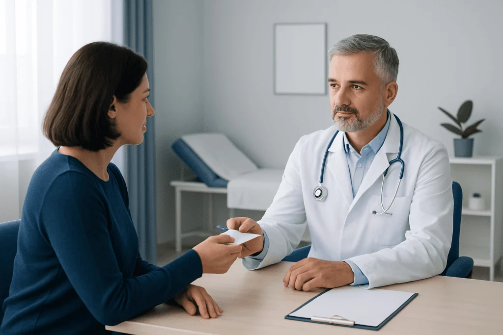 Doctor handing prescription to female patient in clinic setting.