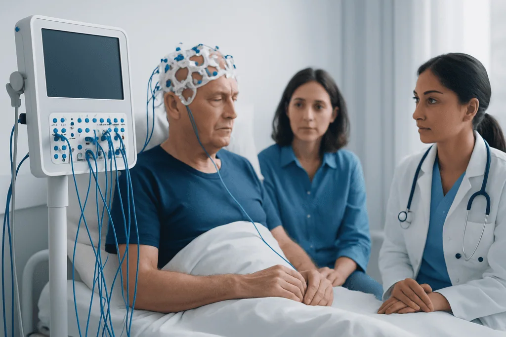 Patient undergoing neurological monitoring in hospital with medical staff present.