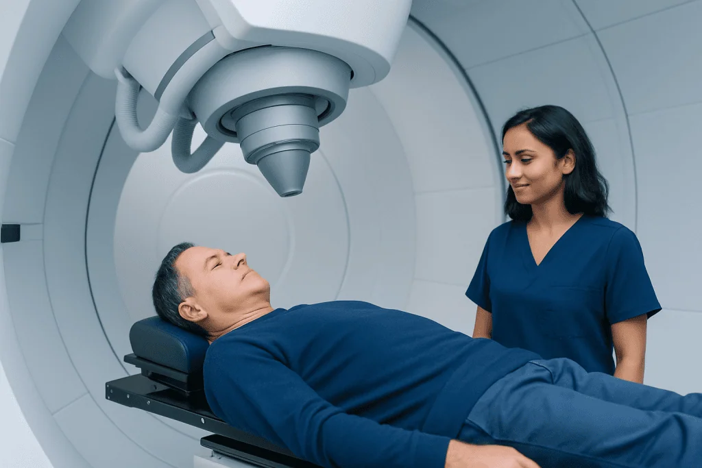 Patient undergoing proton therapy in a modern medical facility.