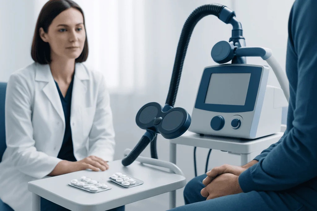 Doctor and patient during a medical consultation with diagnostic equipment.