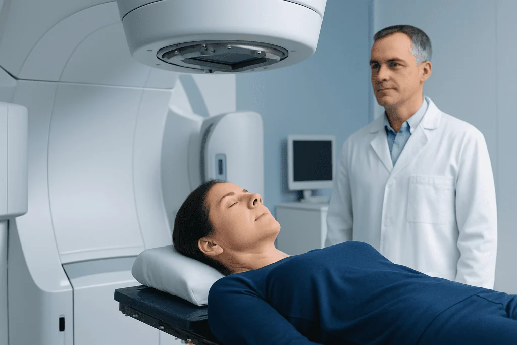 Patient undergoing radiation therapy in a modern medical facility.
