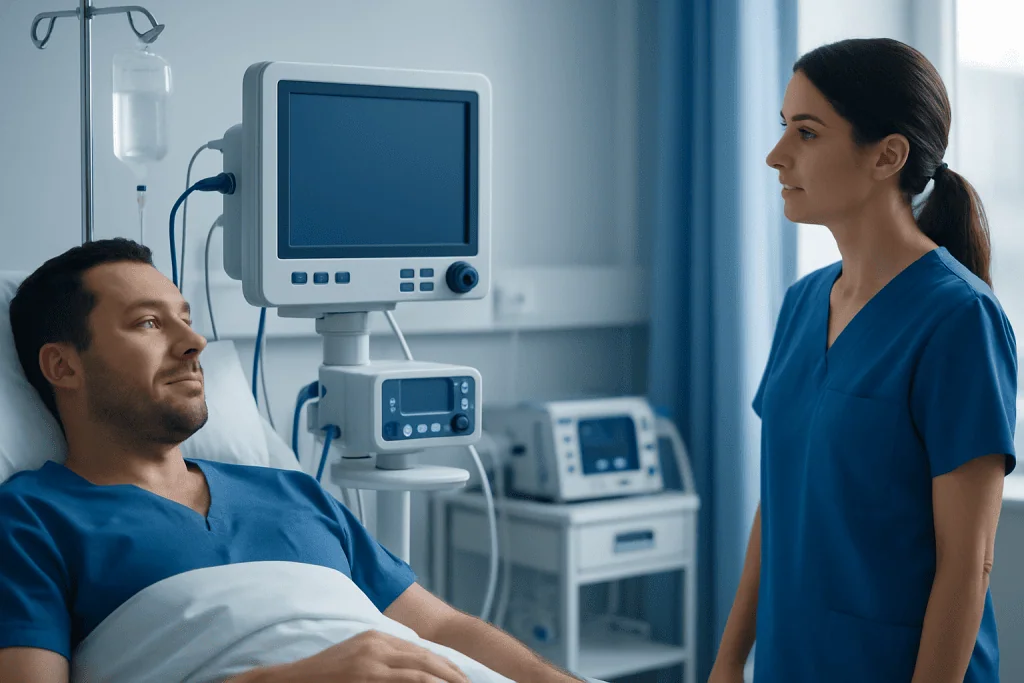 Patient in hospital bed with medical staff and equipment in background.