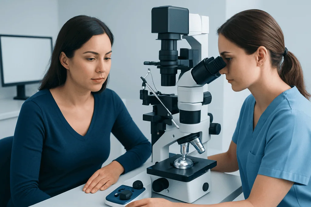 Fertility specialist examining a patient with a microscope at Acibadem Hospital.