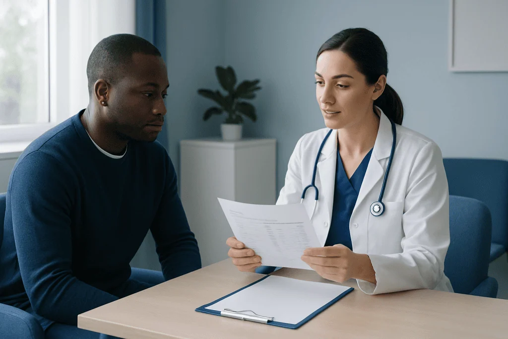 Doctor explaining lab report to patient in a consultation room.