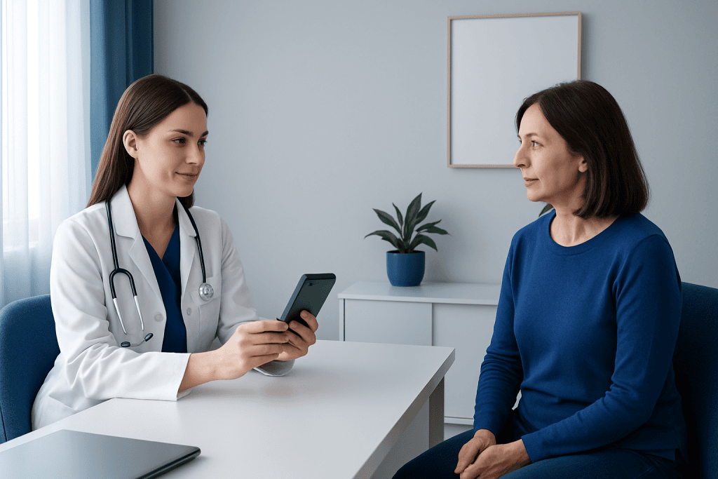 Doctor discussing follow-up care with patient in a consultation room.