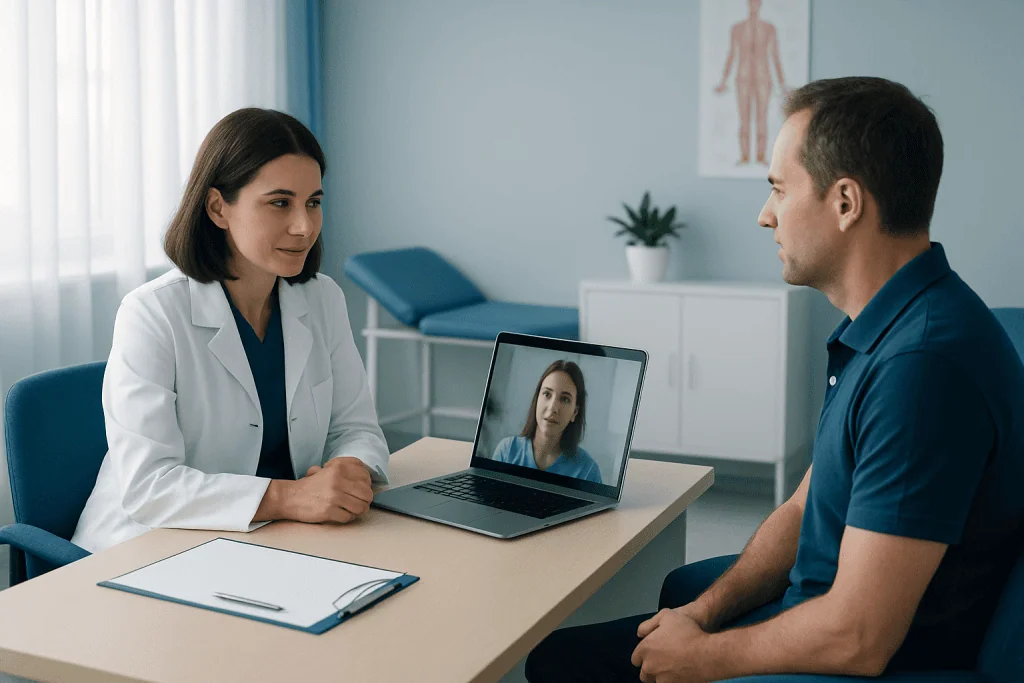 Doctor consulting with patient via video call in a medical office setting.