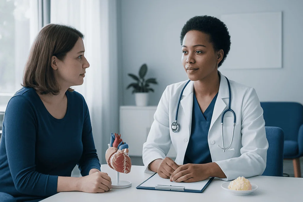 Doctor explaining health issues to a patient with a heart model.