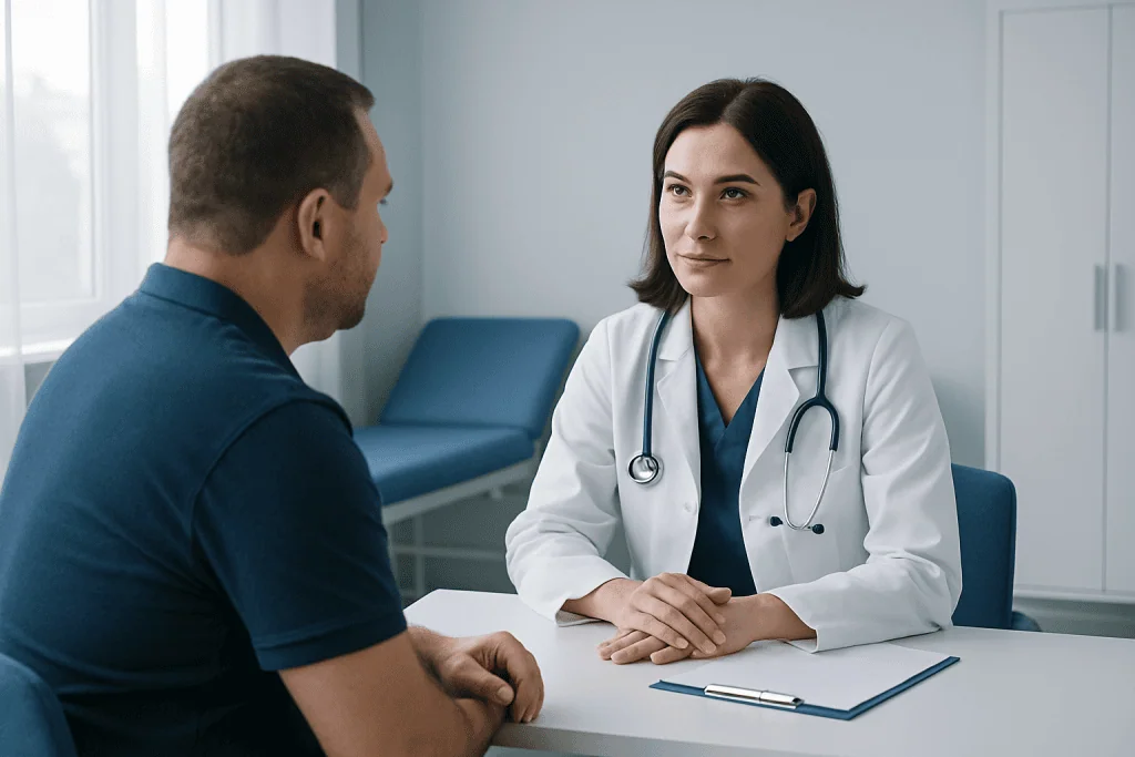 Doctor consulting with a male patient in a medical office setting.