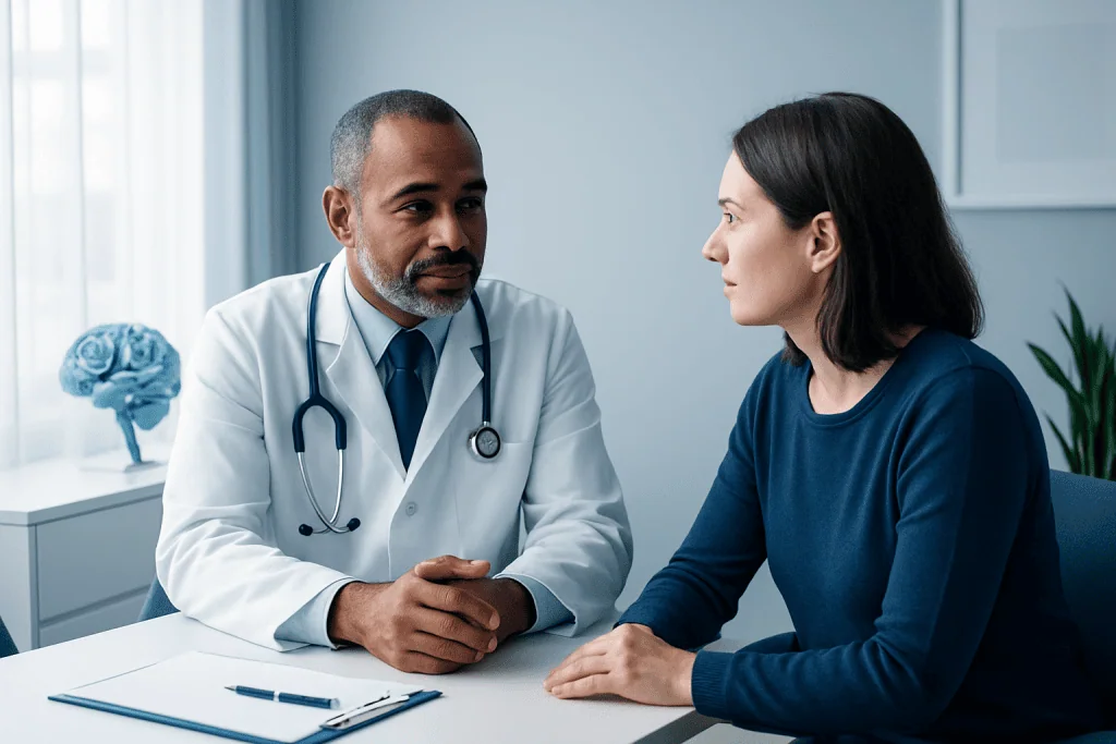 Doctor consulting with a female patient in a medical office.