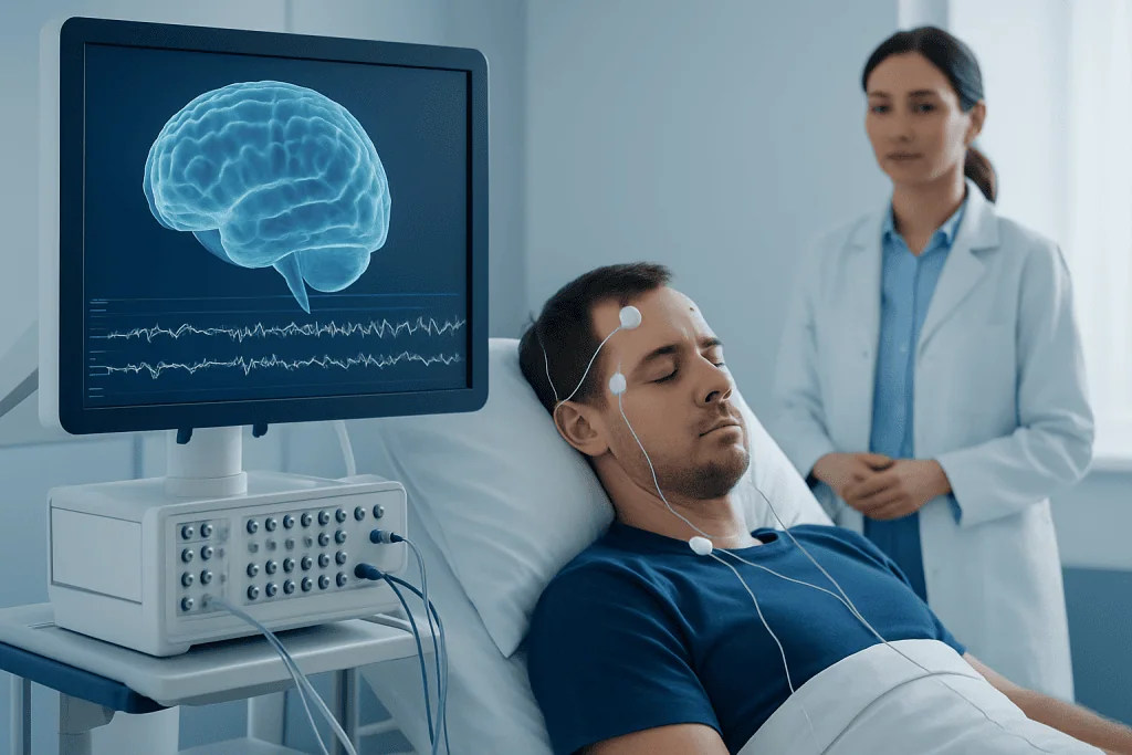 Patient undergoing neurological examination with brain scan monitor in hospital.