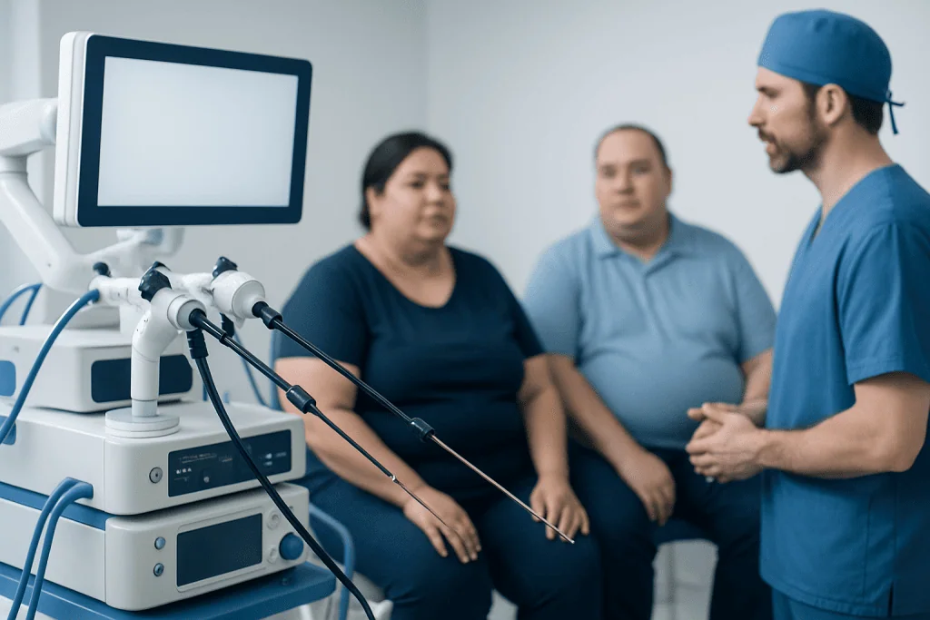 Medical consultation for bariatric surgery with a doctor and patients in a clinic.