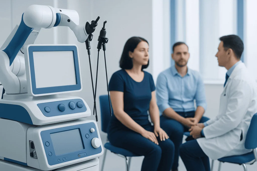 Medical consultation with robotic surgical equipment in a hospital setting.