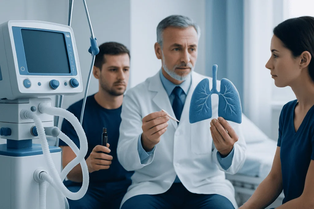 Doctor explaining lung health to patients in a hospital setting.