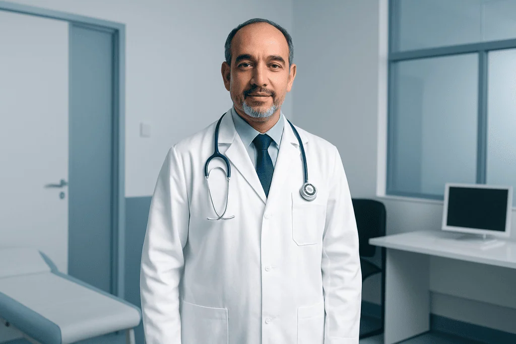 How Specialists Support Patients After Exoskeleton Therapy with Modern Healthcare Technology 1 Doctor in white coat with stethoscope in modern hospital room.
