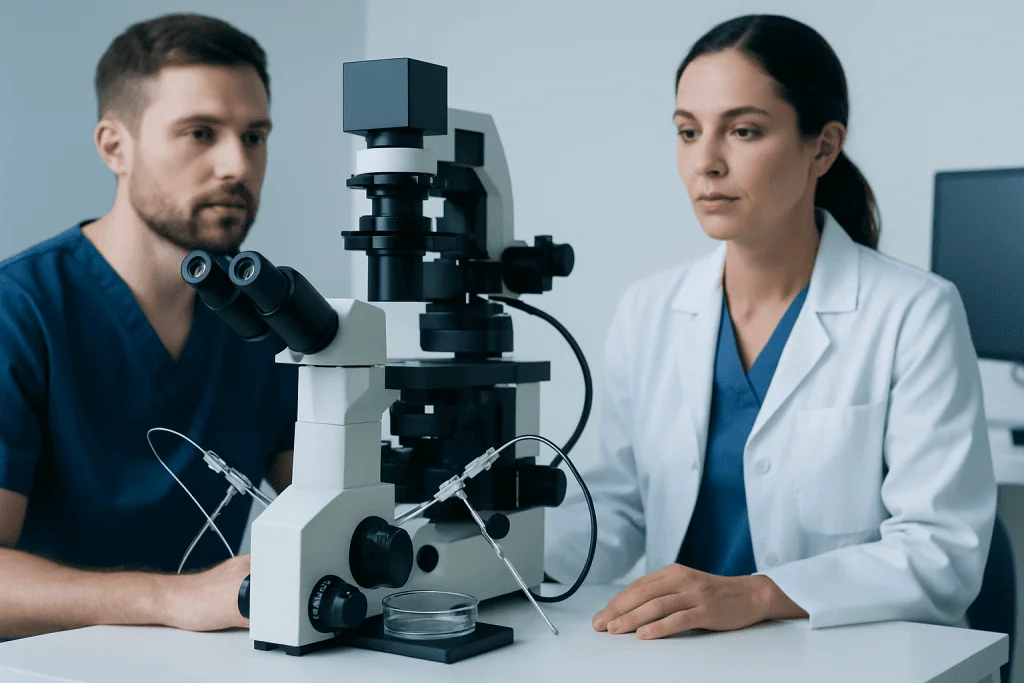 Scientists examining a microscope in a laboratory setting.