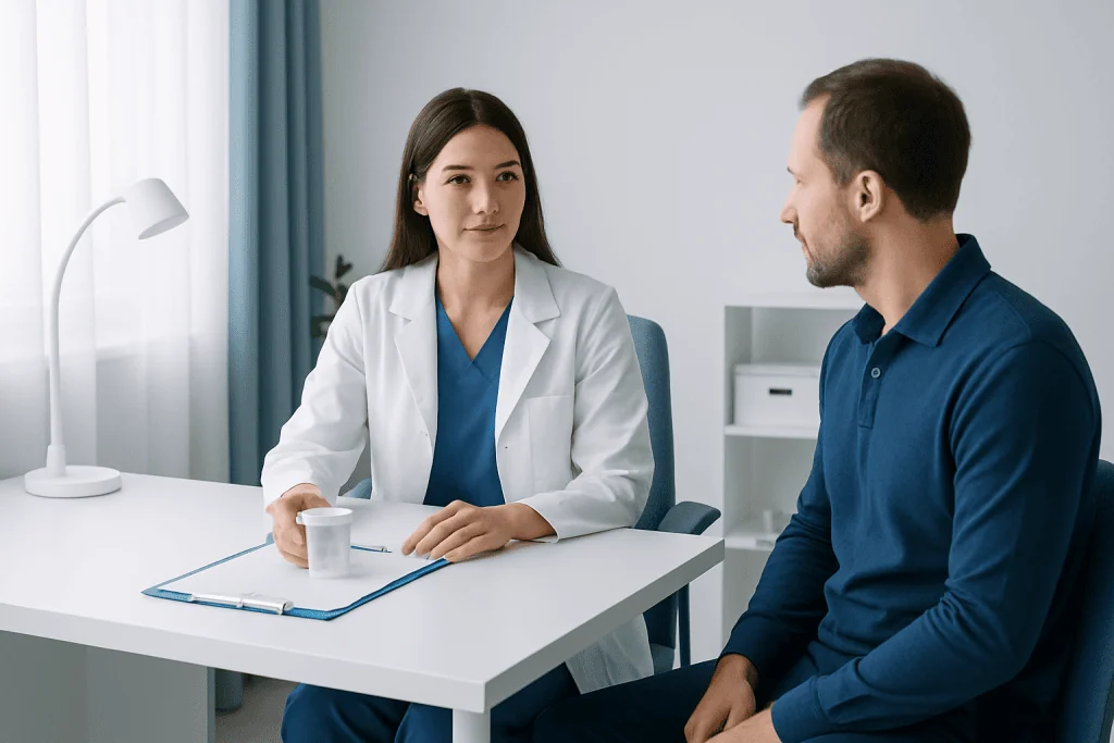 Doctor consulting with male patient in a medical office setting.