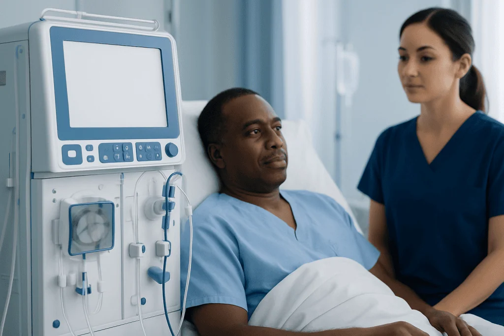 Patient in hospital bed with medical monitor and nurse nearby.