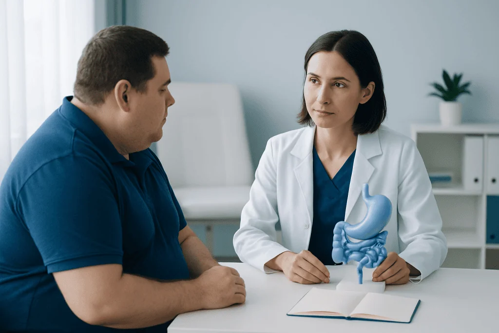 Doctor explaining gastric surgery to a patient in a consultation room.