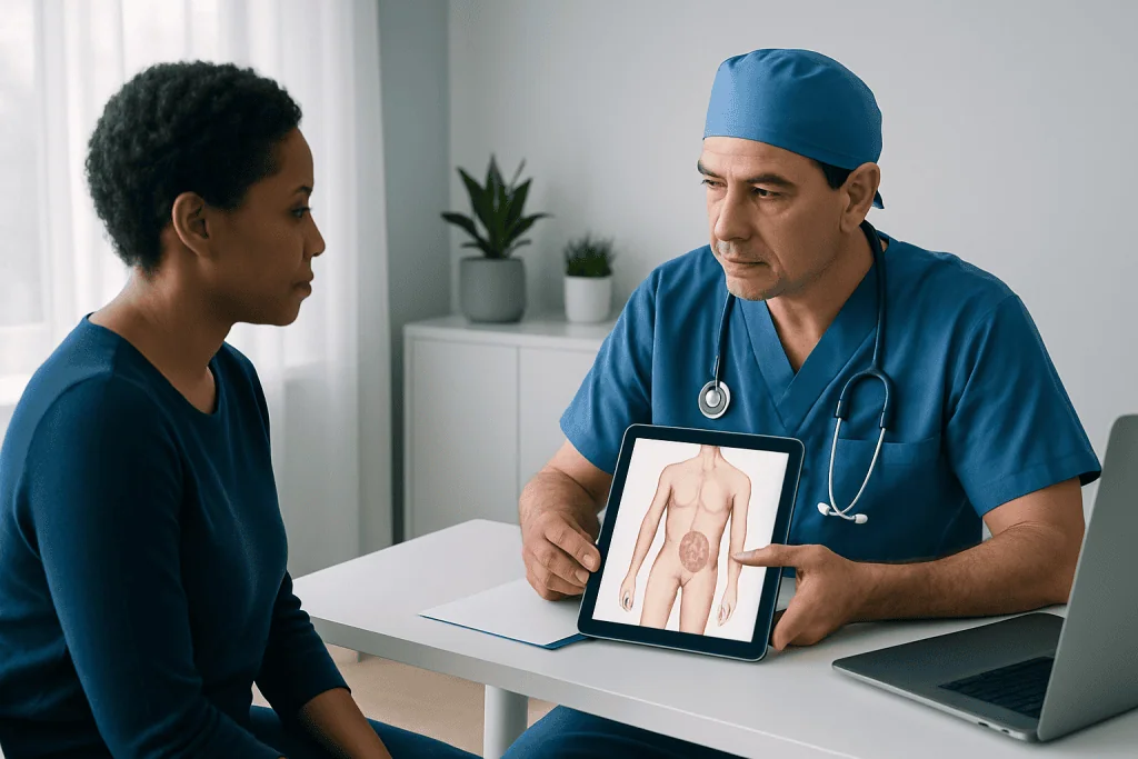 Doctor explaining soft tissue sarcoma treatment options to patient.