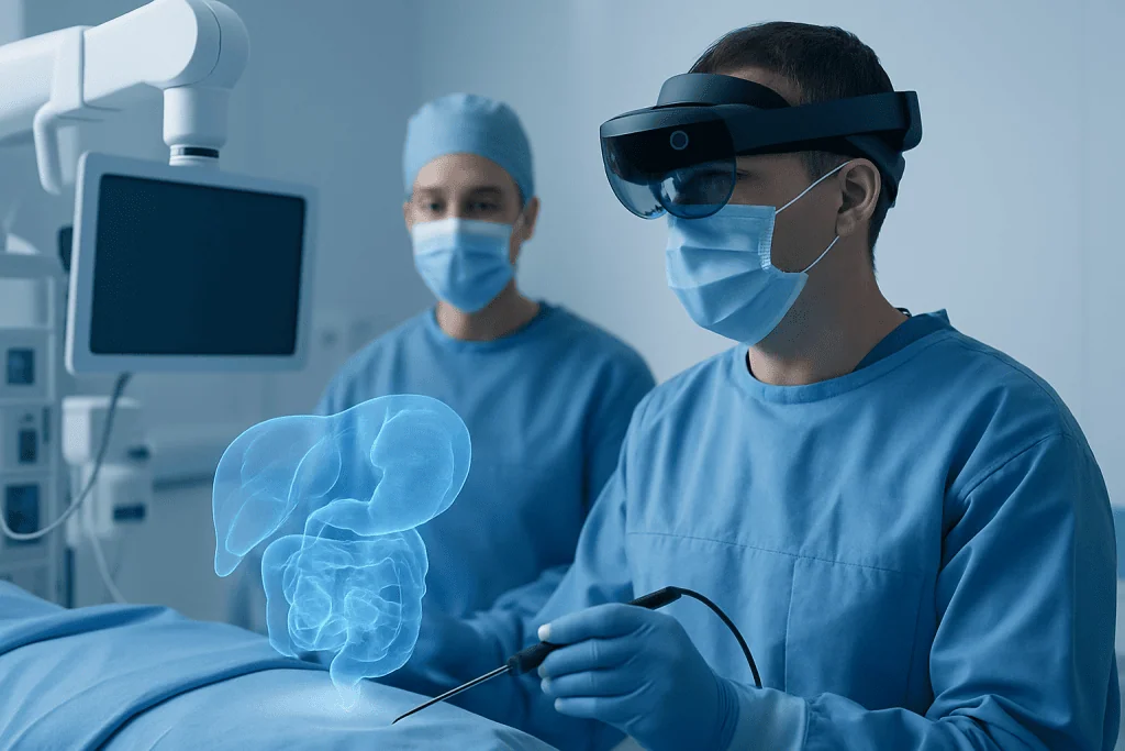 Surgeon using augmented reality headset during surgery at Acibadem Hospital.