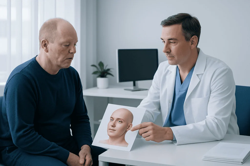 Doctor discusses face transplant options with patient in consultation room.
