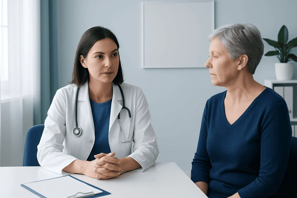 Doctor consulting with an elderly woman in a medical office setting.
