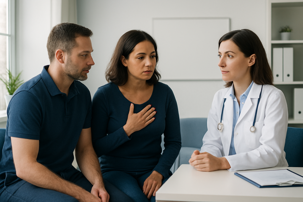 Doctor discussing health concerns with a woman and her partner in a clinic.