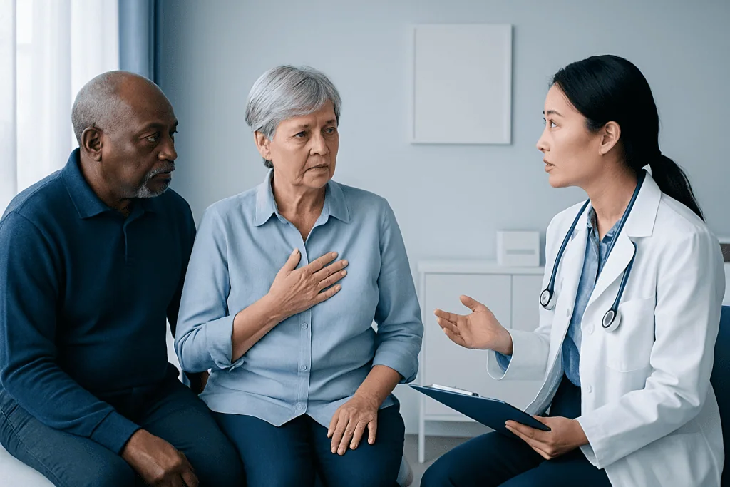Doctor consulting with elderly couple about heart health and symptoms.