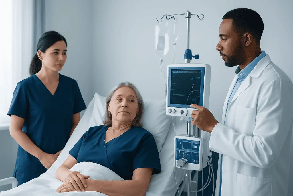 Doctor discussing patient health in hospital room with nurse present.