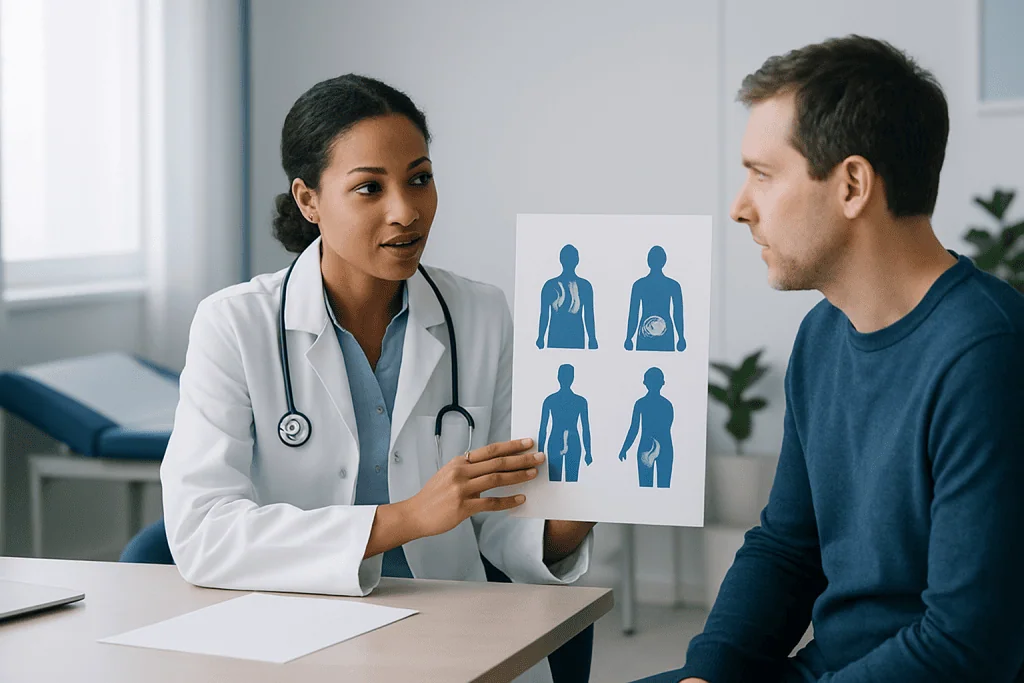 Doctor explaining infection symptoms to patient with medical chart.