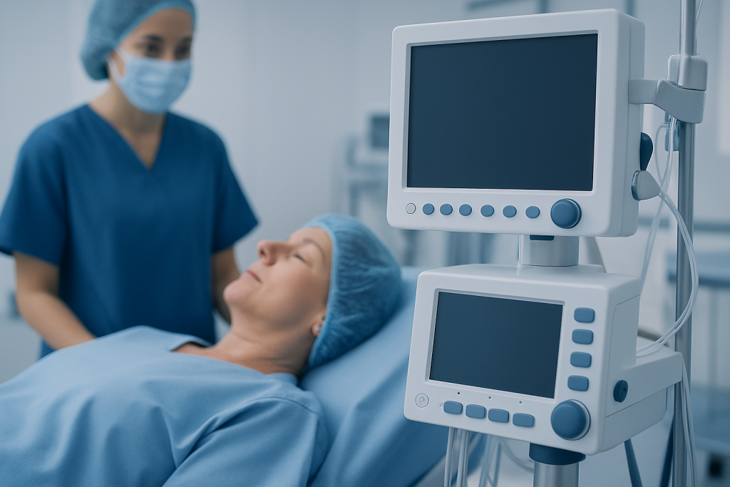 Patient in hospital bed connected to medical monitors in a clinical setting.
