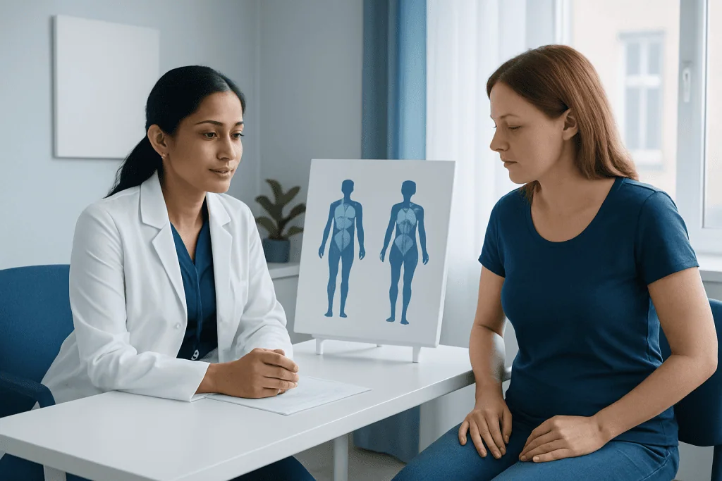 Doctor consulting with patient about health and body diagrams in clinic.