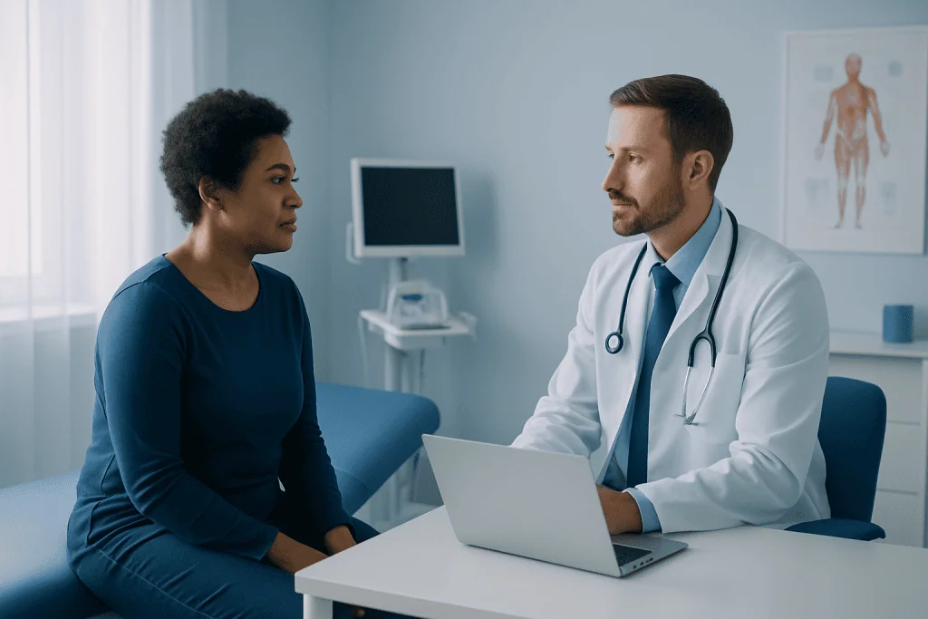 Doctor consulting with a patient in a modern hospital room.