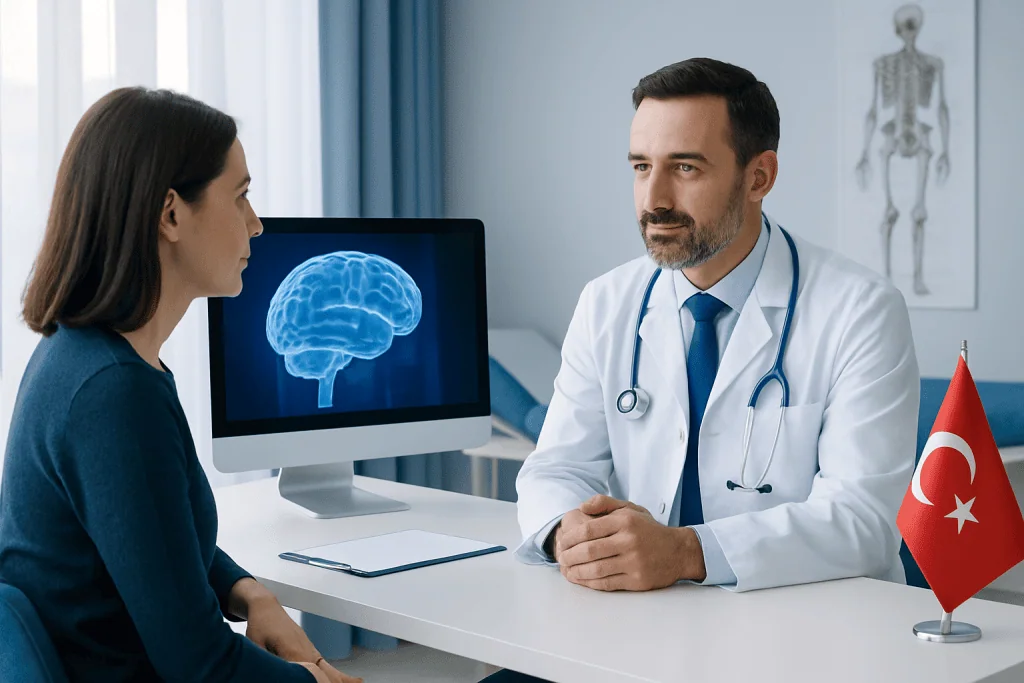 Doctor discussing brain scan with patient in a medical consultation room.
