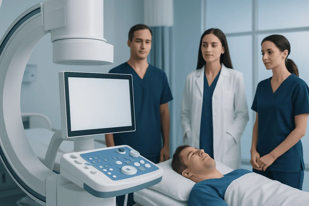 Medical team preparing for a patient scan at Acibadem Hospital.