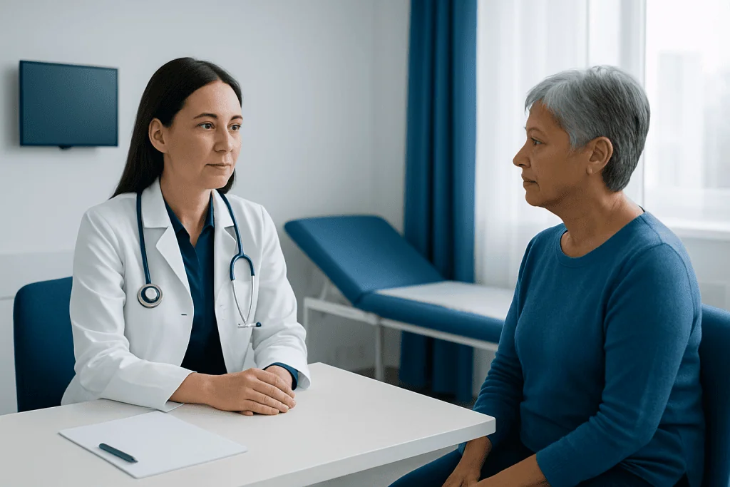 Doctor consulting with an elderly patient in a hospital room.