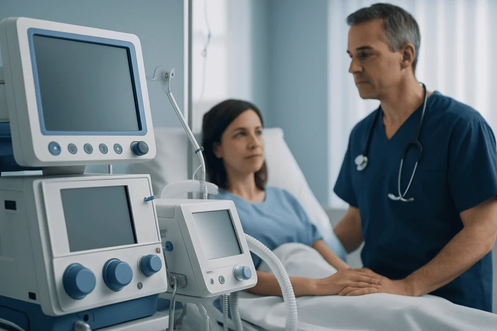 Doctor consulting patient in hospital room with medical equipment nearby.