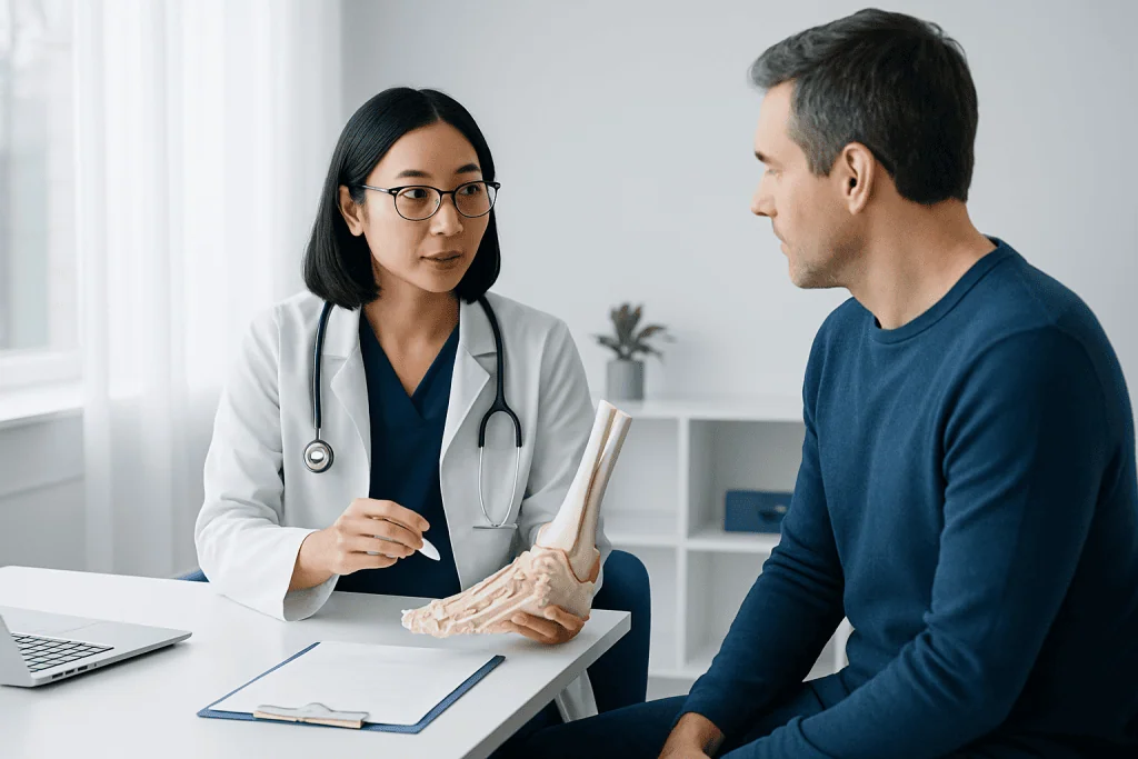 Doctor explaining ankle bones to patient in consultation room.